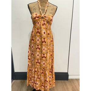 Aerie Linen Blend Ikat Babydoll Halter Maxi Dress S Southwestern Boho Cottage